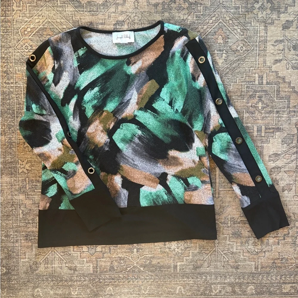 Joseph Ribkoff Abstract Print Sweater with grommet Detail Sz M - Picture 7 of 13